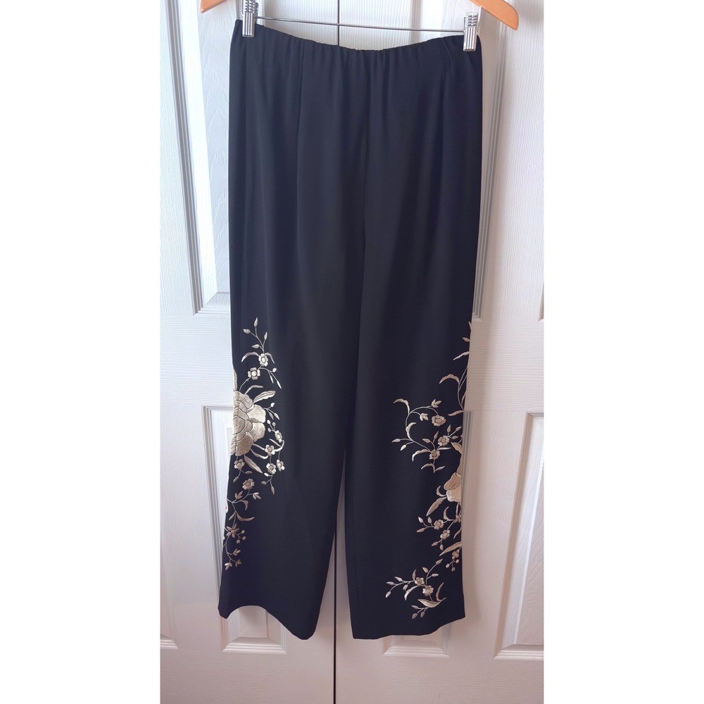 LAFAYETTE 148 Black Cream Floral Embroidered High Rise Wide Leg Dressy Pants 8